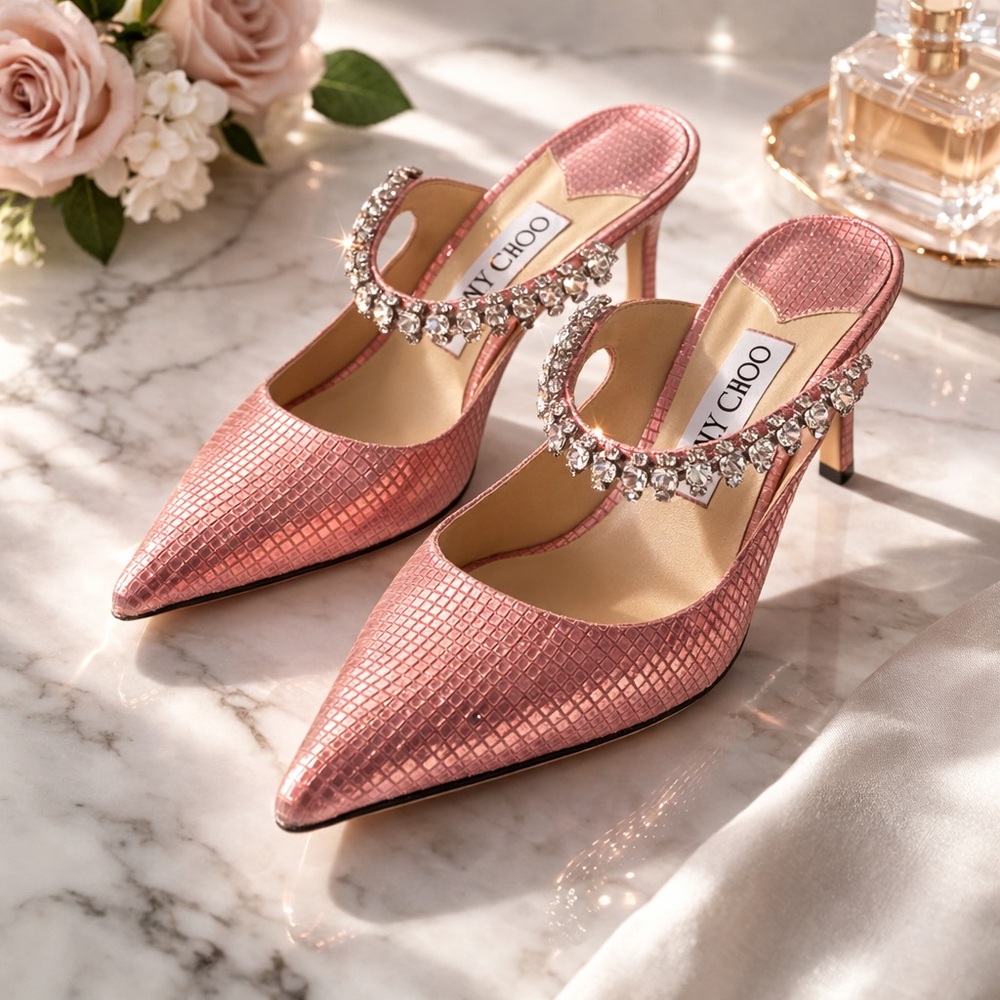 Jimmy Choo Bing 65 Pink Heels with Crystal Strap